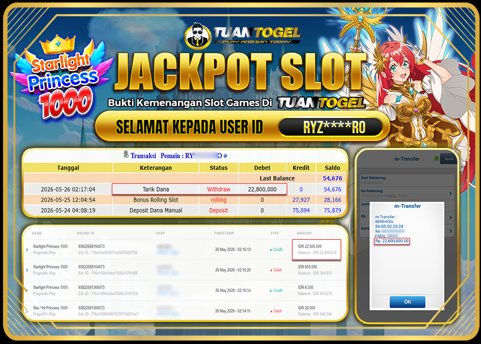 TUANTOGEL JACKPOT SLOT STARLIGHT PRINCESS 1000 Rp22.800.000,- LUNAS